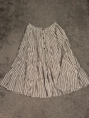 NWT SANCIA Linen Gray & White Striped Tiered Midi Skirt